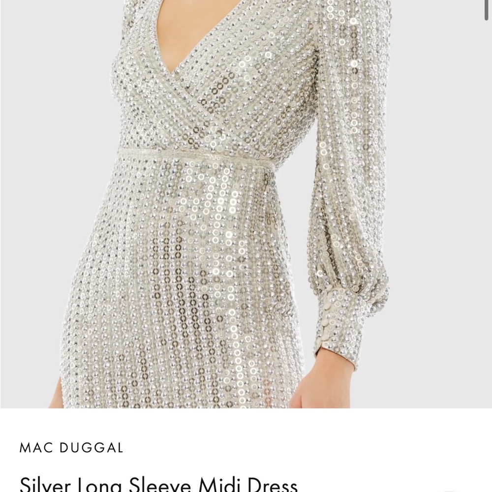 Mac Duggal Silver Sequin Ruched Wrap Dress